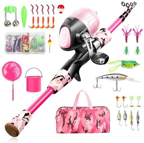 Gamashino Kids Fishing Pole - Portable Telescopic Fishing Rod Reel Combo with Spincast Reel and Tackle Box, Net for Children (Pink,3.93 + Net)