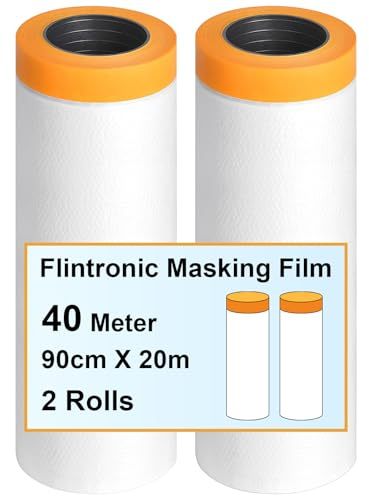 flintronic 2 x Abdeckfolie mit Klebeband, 90cm x 20m Selbstklebende Malerfolie Malerband, Zum Schutz von Autos Wänden Staub & Spritzschutz, für Innen Selbstklebende Malerfolie mit Klebeband