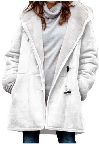 KOG Winterjacke Damen Fleecejacke Jacken Warmes Jacke Fahrradmantel Einfarbige Kleidung Frauen Retro Blusenjacke Warme Vliesjacke Baumwolle Weiß 3XL