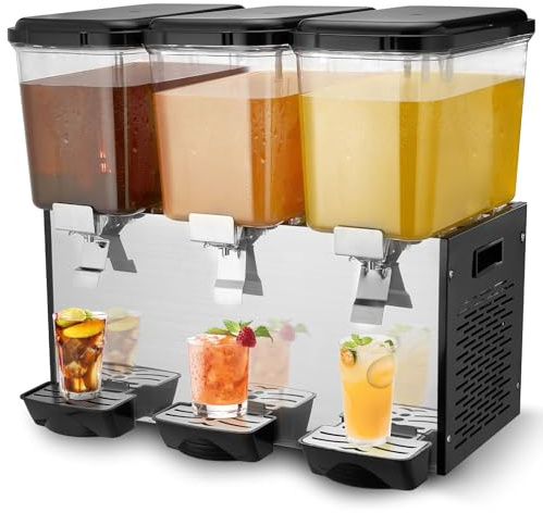 VEVOR Distributeur de Boissons Commercial 3 Réservoirs de 18 L, Fontaine à Eau 512 W, Distribution de Jus Limonade Thé Glacé, Température de Refroidissement 7-12 ℃, pour Restaurant, Hôtel, Café