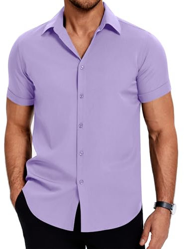 COOFANDY Herren Hemd Sommer Freizeithemd Fleckenschutz Casual Kurzarmhemden Leichtes Sommerhemd Kent Kragen Businesshemden Oberhemd Kurzarm Lila L