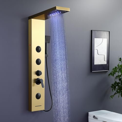 KINKIBOS Torre de ducha dorada con mezclador, 6 modos: lluvia, cascada, masaje corporal, auricular y boquilla de baño, columna de acero inoxidable
