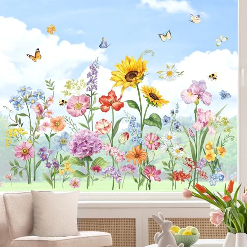 wondever Window Clings Decals Flowers Sunflower Iris Floral Glass Sticker | Vinyl Static Cling, Anti Collision, Double-Sided, Reusable Removable, Easy to Apply, Decorative, for Window Glass Door Home