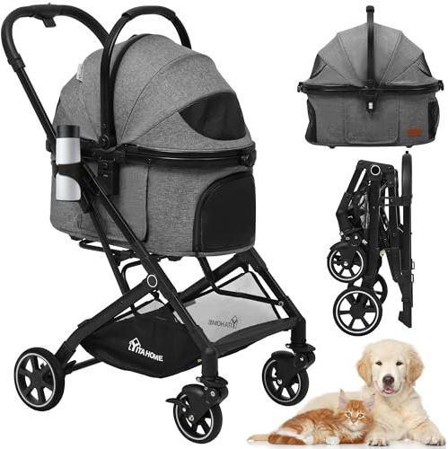 YITAHOME Dog Pram, Pet Stroller, Foldable Dog Pushchair for Medium Dog 15kg, Dog Buggy with Detachable Carrier Storage Basket, Cup Holder, Pet Carrier on 4 Wheels (Grey)