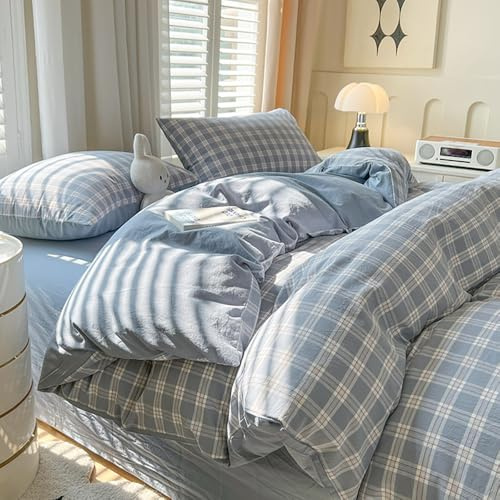 Covebett Parure de lit 135x200 à carreaux Bleu Blanc Motif carreaux Moderne Ensemble de couette Style maison Géométrique à carreaux Renforce Microfibre lavée Housse de couette et taie d'oreiller 80x80