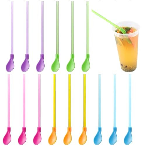 15 Pieces Slush Straws, Slush Straws,Colored Straw Spoon 2 in 1, Plastic Reusable Straws, Reusable Straws Spoon Suitable