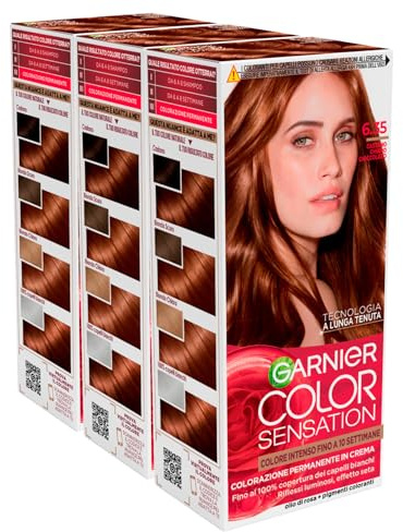 Garnier Color Sensation Colorazione Permanente in Crema Lunga Durata con Olio di Rosa Copre il 100% dei Capelli Bianchi Colore 6.35 Castano Chiaro Cioccolato - 3 Tinte