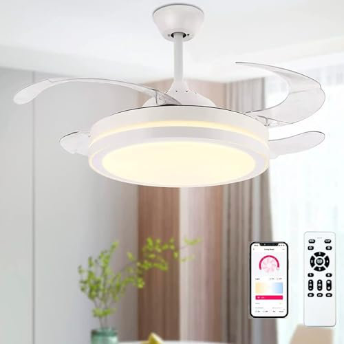 wisdom line Ventilateur de Plafond Rétractable 107 cm, Luminaire LED avec Télécommande, 3 Températures de Couleur avec Fonction Mémoire, Moteur DC pour Chambre et Salon