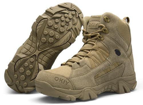 PKIMKM Tactical Military Combat Boots, High-Top Suede Leather, Desert Tan, Outdoor Hiking (Brown,9)