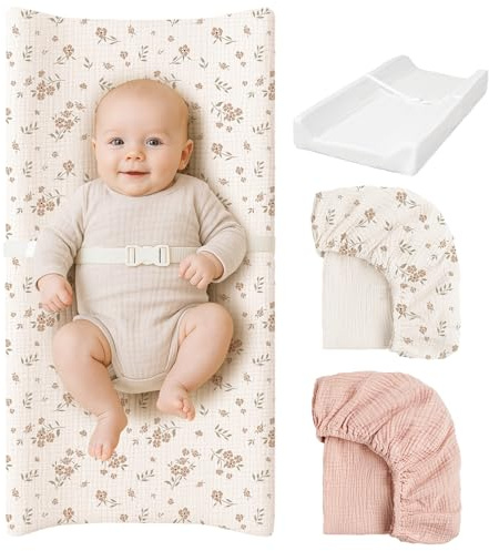 Konssy Muslin Changing Pad with Waterproof Lining Foam, Includes 2 Pack Soft & Cotton Cover, Baby Diaper Changing Pad for Dresser or Table, 32x16 inches (Blossom,Pink)