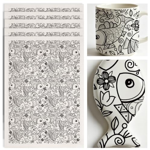 SUPERDANT 4 piezas papel calcomanía bajo capa peces fantasiosos motivos florales para cerámica porcelana esmaltada decoración cerámica papel transferencia esmalte negro