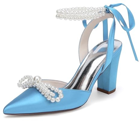HFWXYSA Donna Punta Chiusa Perlas Cinturino alla Caviglia Tall Heel Alto Décolleté Fibbia Satin Scarpe da Sposa,Sky Blue,42 EU