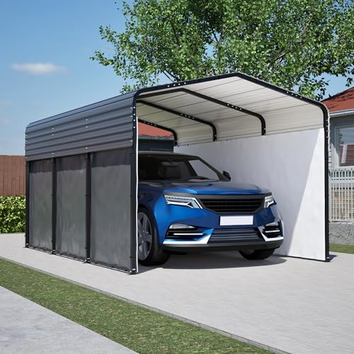GFDGFD 10x15 FT Heavy Duty Metal Carport with Reinforced Base and Waterproof Tarpaulin, Outdoor Galvanized Steel Car Shelter with Dual Doors, Weatherproof Garage Tent for Cars, Boats, Trucks