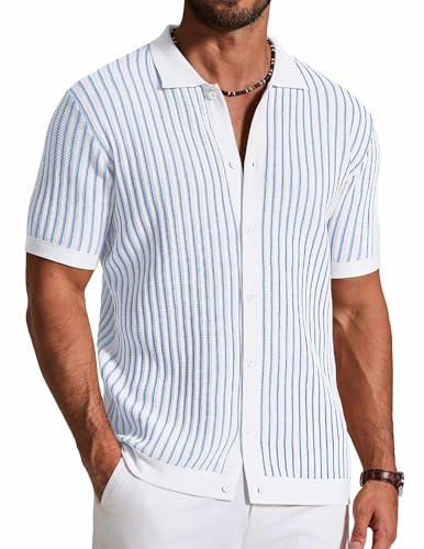 COOFANDY Mens Polo Button Down Shirts Knit Shirt Short Sleeve Casual Beach Crochet Cable Vacation Shirt White Light Blue