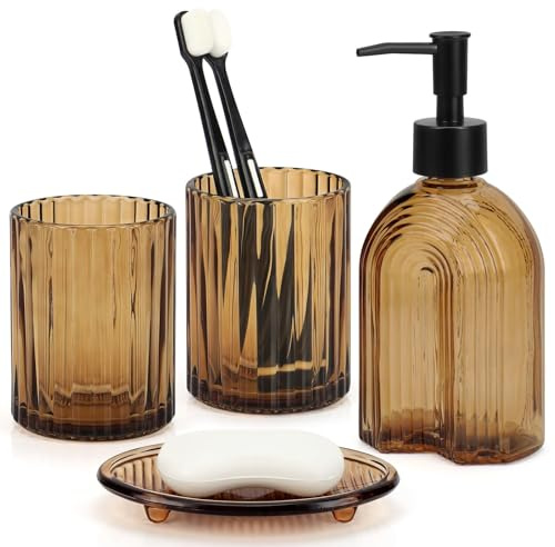 Juego de 4 accesorios de baño de vidrio ámbar, dispensador de jabón con diseño de rayas arqueadas, soporte para cepillo de dientes, vaso y jabonera, juego completo de organizador de encimera de baño