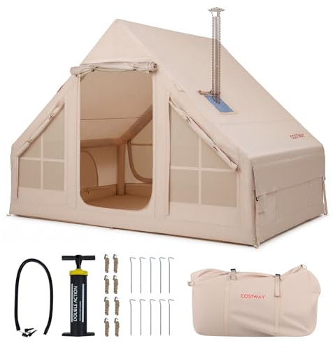 COSTWAY Inflatable Camping Tent, Waterproof 4-Season Blow-up Air Tent with Pump, Mesh Screen Windows and 2 Doors, Easy Setup 4-6 People Windproof Luxury Cabin Tents for Family (295 x 205 x 200 cm)