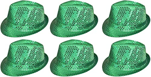 6 sombreros de lentejuelas en rojo, negro, plata, oro, morado, verde o rosa, accesorio de disfraz de Fedora sombreros de gángster a granel de los años 20 para hombres y mujeres (verde)