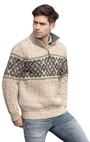 Aran Crafts Men's Irish Cable Knit Wool Half Zip Jacquard Sweater (X4843-LG-OAT) Oatmeal