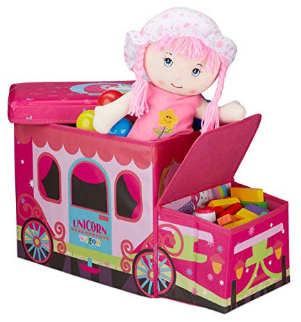 Relaxdays Sitzbox Kinder, Staubox mit Deckel, Spielzeug, faltbar, Einhorn, Stauraum, Jungen & Mädchen, 50 Liter, pink