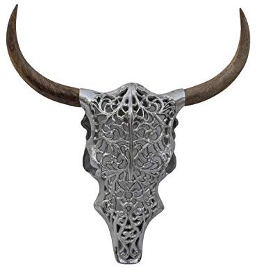 Licht-Erlebnisse Wanddeko Stierkopf aus Aluminium Holz 51cm lang Deko Geweih Jagdtrophäe AMDON