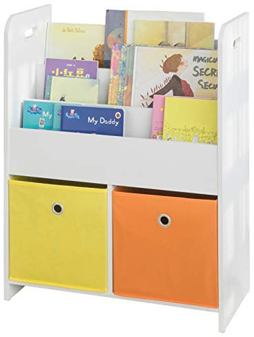 SoBuy KMB27-W Kinder Bücherregal Kinderregal mit 3 Ablagefächern und 2 Stoffboxen Spielzeugregal Aufbewahrungsregal für Kinder Spielzeug-Organizer Weiß BHT ca.: 58x76x27cm