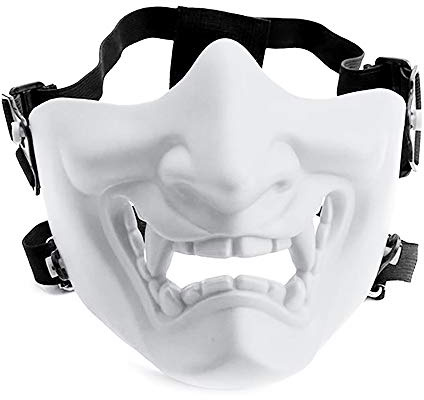Aoutacc Airsoft Half Face Masks, Evil Demon Monster Kabuki Samurai Hannya Oni Half Face Protective Masks Masquerade Ball, Party, Halloween (Adjustable Strap White)