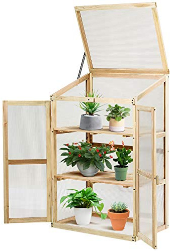 GYMAX Invernadero de Madera de 3 Pisos con Tapa Abatible, 60 x 45 x 100 cm, para Jardín, Balcón, Natural
