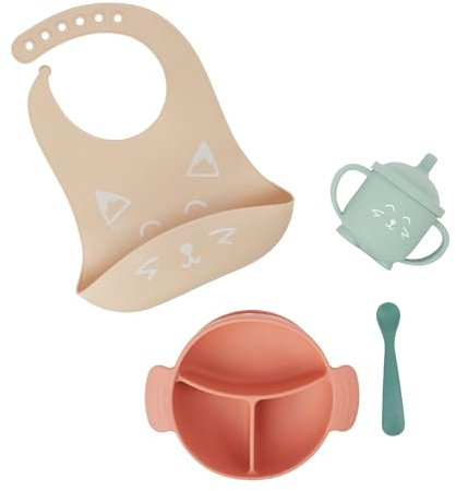 Babymoov Baby Geschirrset LEARN'ISY Hund - 4er Set aus Silikon, Trinklernbecher, Baby Lätzchen, Babylöffel, Teller mit Saugnapf, ab 15 Monaten