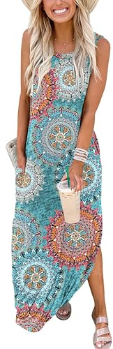 Cuptacc Sommarklänning, dam, ärmlös strandklänning, lång tankklänning, lös midiklänning med fickor, lätt och luftig, Gröna blommor, M