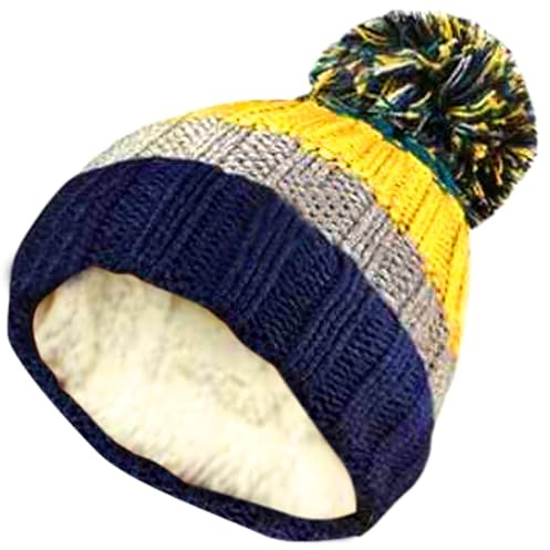 HiFEN® Mössa vintermössor för män kvinnor tjock mjuk kabelstickad skalle värmare värmeisolerande dubbla lager fleecefoder pom pom huvudbonader, Gul/blågrön, one size