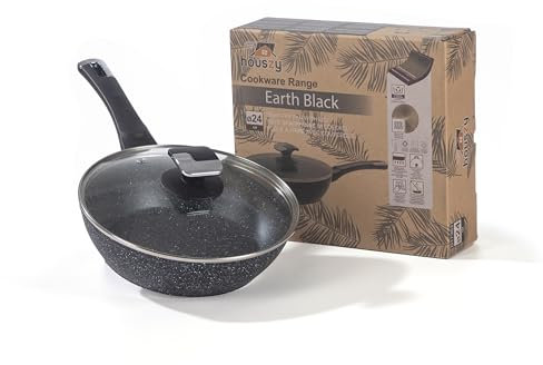 HOUSZY Granite Deep Frying Pan with Lid 24cm – Non Stick, Non Toxic, Induction-Ready, Pan with Tempered Glass Lid & Heat-Resistant Handle for Everyday Cooking