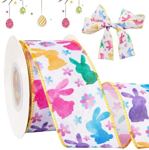 KIKVTER Cinta de lazo de Pascua, conejo, decoración de Pascua, cintas de conejo de Pascua con borde de alambre, cintas de embalaje de regalo para fiesta de Pascua, regalos de Pascua, lazos, cintas de