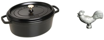 Staub Cast Iron Roaster/Cocotte, Oval 37 cm, 8 L, Black & 40509-346-0 Rooster Lid Knob, Cast Iron, Silver
