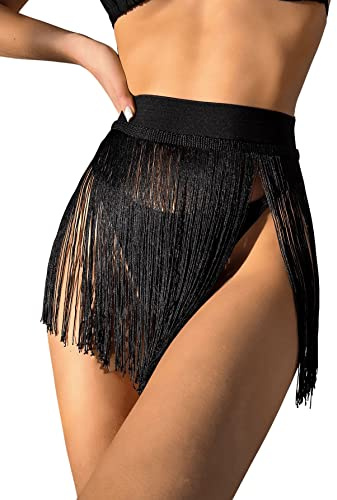 GORGLITTER Falda de borla para mujer, falda con flecos, cinturón de cintura, estilo punk, gótico, para fiesta, festival, falda con flecos, Negro , XS