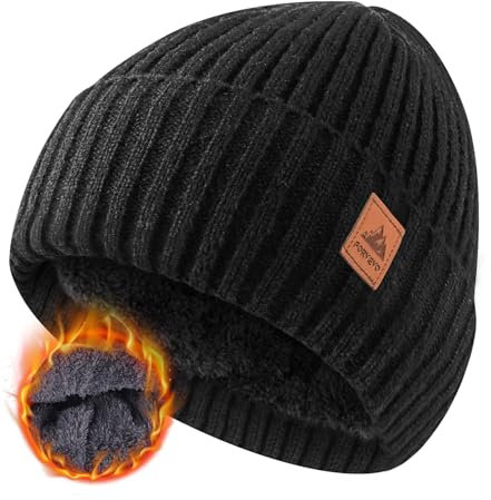 FORVEVO Mütze Herren Damen Winter, Warme Beanie Herren mit Fleece Futter, Thermo Wintermütze Männer, Winddichte Strickmützen für Unisex,Outdoor Laufen Skifahren(Schwarz)