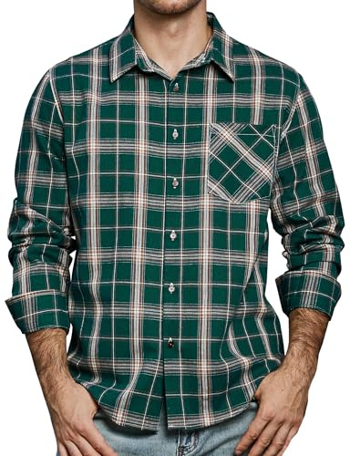 JOGAL Camicia da uomo a quadri a maniche lunghe vestibilità regular camicia tradizionale con bottoni in cotone camicia casual con tasca, Verde intenso, M