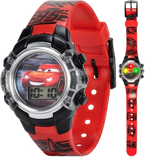 Disney Pixar Cars Kids Watch β Flashing Dial Lights, LCD Display, Adjustable Plastic Strap β Perfect for Boys and Girls