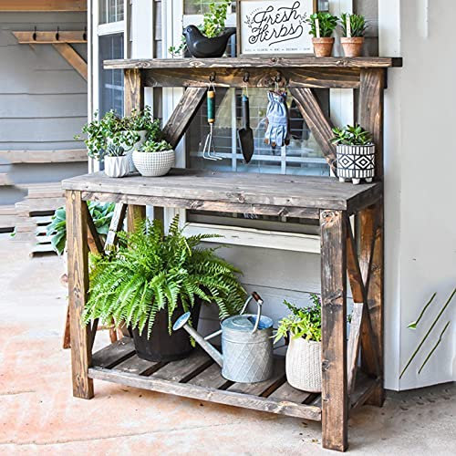 Potting Bench Work Station Garden Wooden Potting Bench Table Work Station Open Shelves Multi-Function Workbench Storage Shelf with Hook (Multiple Colour) (Color : Carbon Wood Color)
