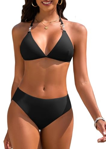 UMIPUBO Mujer Bikini Triángulo Traje de Baño 2 Piezas Sexy con Cuello en V Bañadore Conjunto Brasileño Halter Cintura Baja Tie De Dos Piezas con Perlas Playa