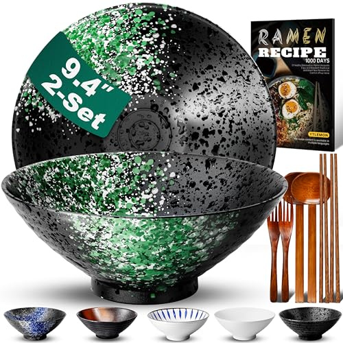 9.4Pollici 2 Set Ciotola Ramen In Ceramica(9 pezzi), Ciotola Di Pasta Giapponesi Con Ricette Forchetta Bacchette E Cucchiaio Per Spaghetti Zuppa Di Insalata Snack Bowl Regali Per Uomini Donne Di Casa