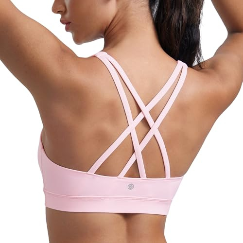 CRZ YOGA Naked Feeling Mujer Sujetadores Deportivos Yoga Cruzados Almohadillas Extraíbles Soporte Impacto Crop Top Rosa Fresa S