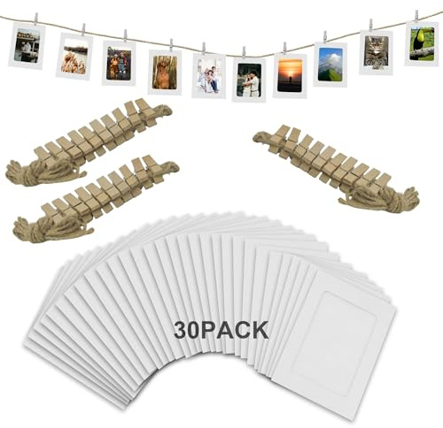 SZWLJ 30-pack vita pappersfotoramar som mäter 10 x 15 cm med hängande snöre och pinnar för fotobanderoll, display och evenemangsdekorationer