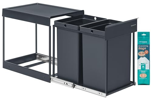 SONGMICS Papelera de Cocina para Reciclaje y Residuos, Cubo de Basura para Armario, 2 x 20 L Compartimentos Dobles, Extraíble, Marco de Acero, Tapa ABS, Gris LTB951GZ01
