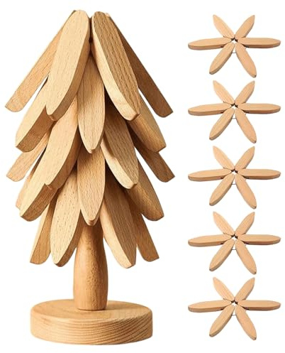 Ensemble de Dessous de Plat en Bois Résistant à la Chaleur, Dessous-de-Plat en Bois en Forme d'arbre pour Plats Chauds, 5 sous-Verres + 1 Support, pour Casseroles, Poêles, Bol Assiettes, Théière