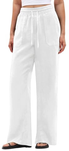 SEMARO Wide Leg Palazzo Pants for Women Casual Drawstring Flowy Beach Linen Trousers with Pockets Vacation White