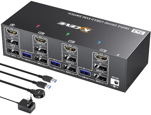 YOUTINGHDAV KVM-switch 3 Datorer 3 Bildskärmar 8K@60Hz, 4K@144Hz | Trippelskärm KVM-omkopplare 2 Displayport 1 HDMI-del 4 USB 3.0-portmus, tangentbord, trådlös fjärrkontroll (8K DP HD 3 i 3