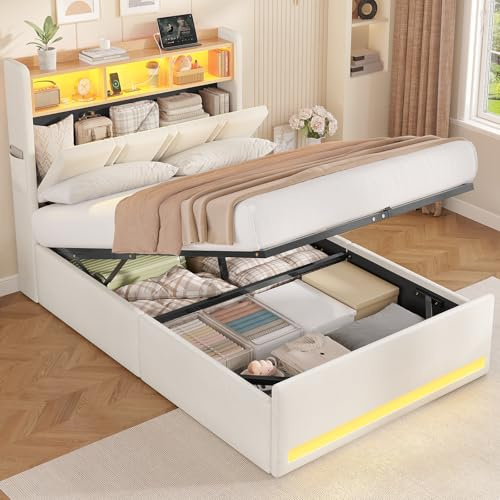 AOGLLATI Letto Singolo con Contenitore Idraulico 90x200 cm, Letto Singolo Imbottito con Ampio Spazio di Stivaggio, Struttura Letto Contenitore con Luci a LED Regolabili e Stazione di Ricarica, Beige