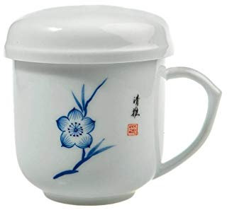 lachineuse - Tasse à Thé Asiatique Motif Fleur - Tasse en Porcelaine avec Infuseur & Couvercle - Coloris Bleu & Blanc - Idée Cadeau Vaisselle Chinoise Traditionnelle - Petite Tasse Asie Chine