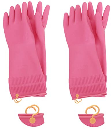 Myungjin 2 Pairs Reusable Waterproof Non-Slip Honeycomb Grip Latex Rubber Gloves with Hang-Dry Hooks/Hanging Loops for Dishwashing Household Cleaning Cooking (Medium)