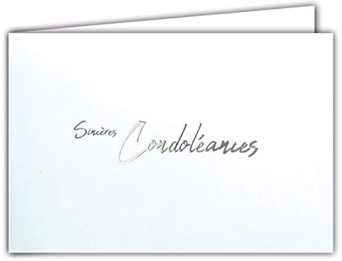 64-1065 Carte Sincères Condoléances avec Enveloppe Blanche - Argenté Brillant sur Fond Blanc - Décès et Deuil - Format Fermé 17x11,5 cm - Fabriquée en France